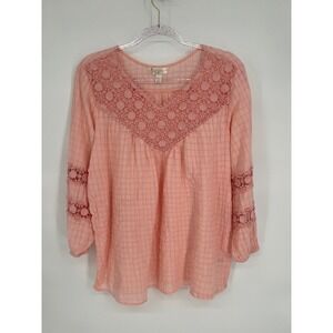 Krazy Kat Crochet Trim Blouse Flowy Bohemian Top Lightweight Pink Size L